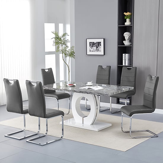 Read more about Halo melange marble effect dining table 6 petra grey chairs