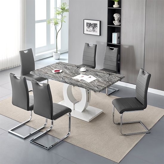 Halo Melange Marble Effect Dining Table 6 Petra Grey Chairs