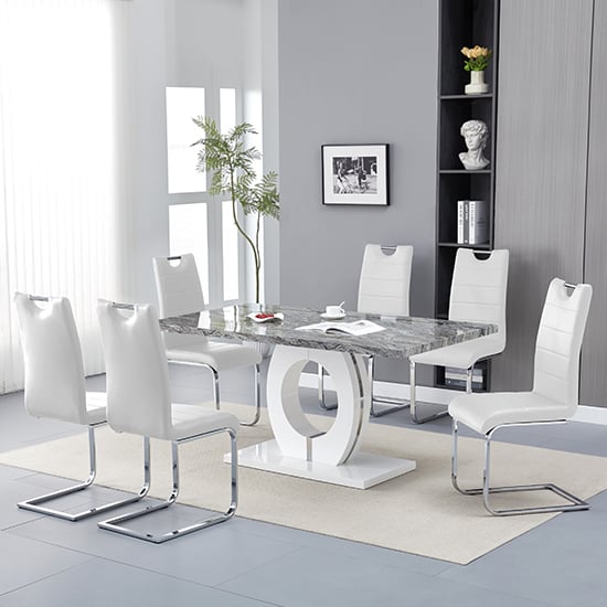 Halo Melange Marble Effect Dining Table 6 Petra White Chairs