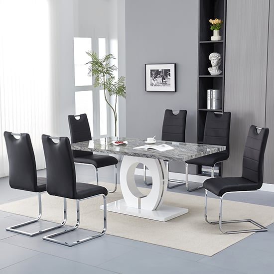 Read more about Halo melange marble effect dining table 6 petra black chairs
