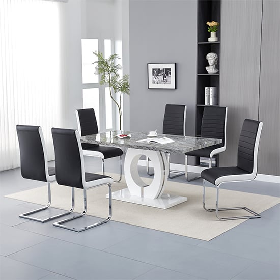 Read more about Halo melange marble effect dining table 6 symphony black chairs