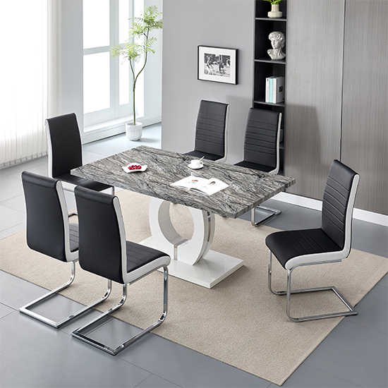 Halo Melange Marble Effect Dining Table 6 Symphony Black Chairs