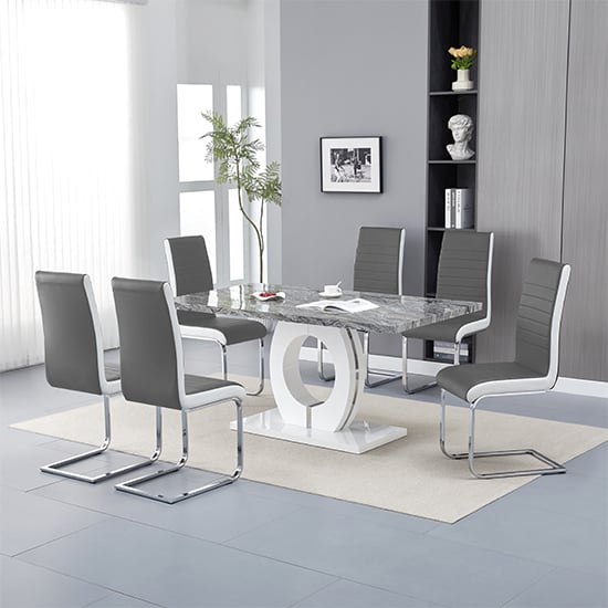 Product photograph of Halo Melange Marble Effect Dining Table 6 Symphony Grey Chairs from Furniture in Fashion