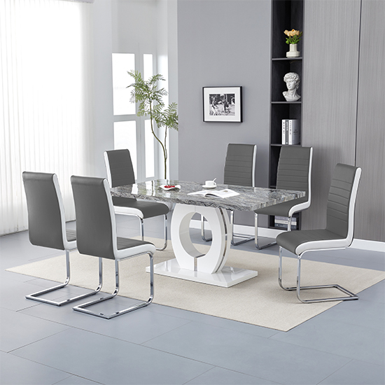 Read more about Halo melange marble effect dining table 6 symphony grey chairs