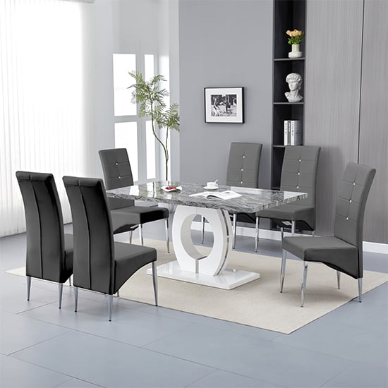 Halo Melange Marble Effect Dining Table 6 Vesta Grey Chairs