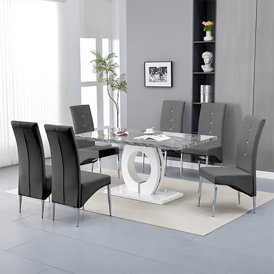 Read more about Halo melange marble effect dining table 6 vesta grey chairs