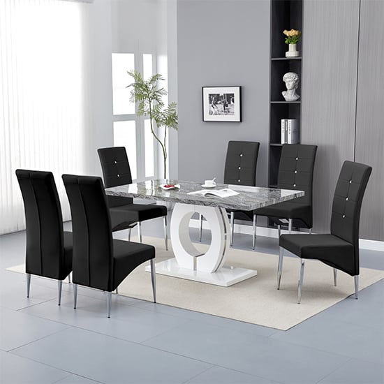 Halo Melange Marble Effect Dining Table 6 Vesta Black Chairs