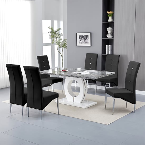 Read more about Halo melange marble effect dining table 6 vesta black chairs