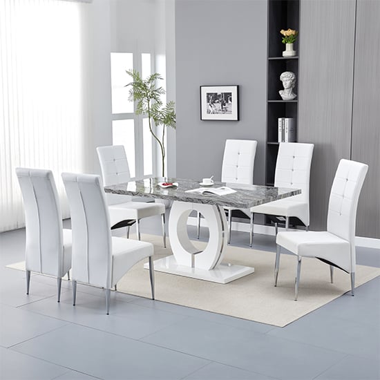 Halo Melange Marble Effect Dining Table 6 Vesta White Chairs