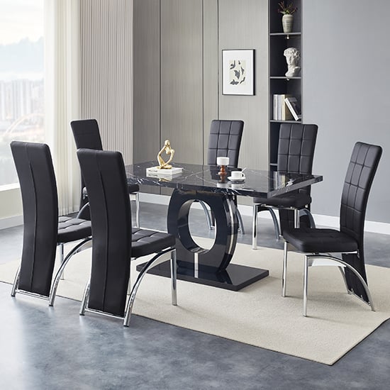 Product photograph of Halo Milano Effect Gloss Dining Table 6 Ravenna Black Chairs from Furniture in Fashion