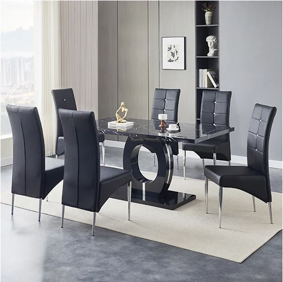 Product photograph of Halo Milano Effect High Gloss Dining Table 6 Vesta Black Chairs from Furniture in Fashion
