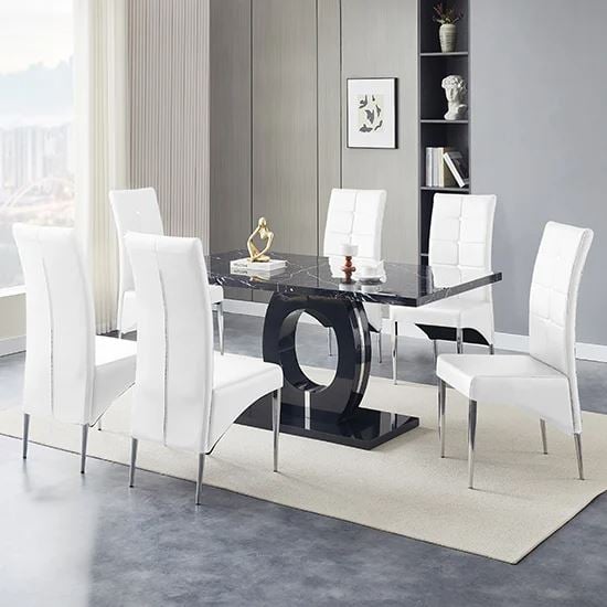 Product photograph of Halo Milano Effect High Gloss Dining Table 6 Vesta White Chairs from Furniture in Fashion