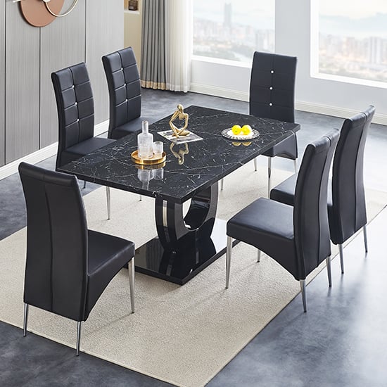 Product photograph of Halo Milano Effect High Gloss Dining Table 6 Vesta Black Chairs from Furniture in Fashion