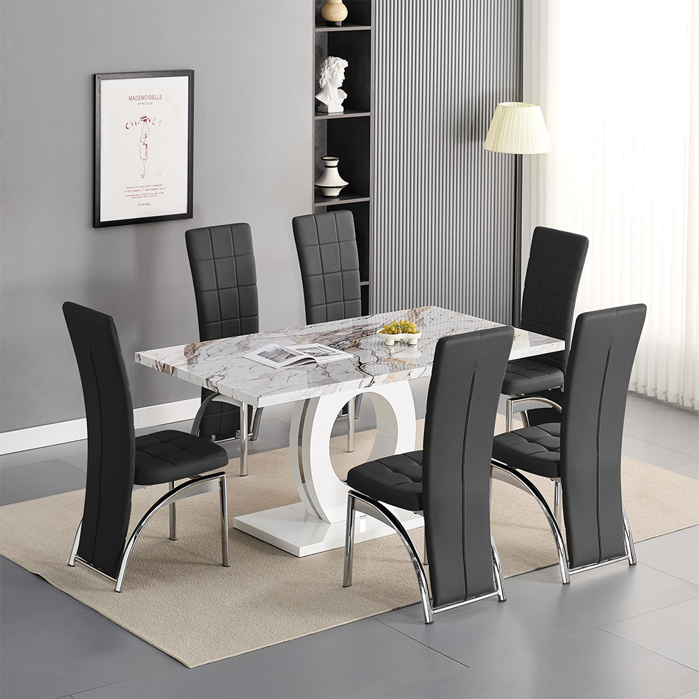 Read more about Halo milo marble effect dining table 6 ravenna black chairs