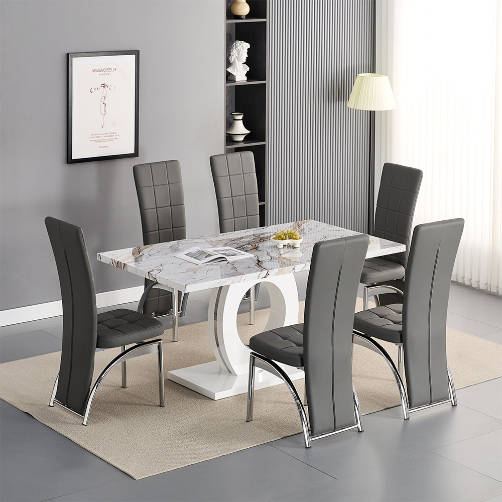 Read more about Halo milo marble effect dining table 6 ravenna grey chairs