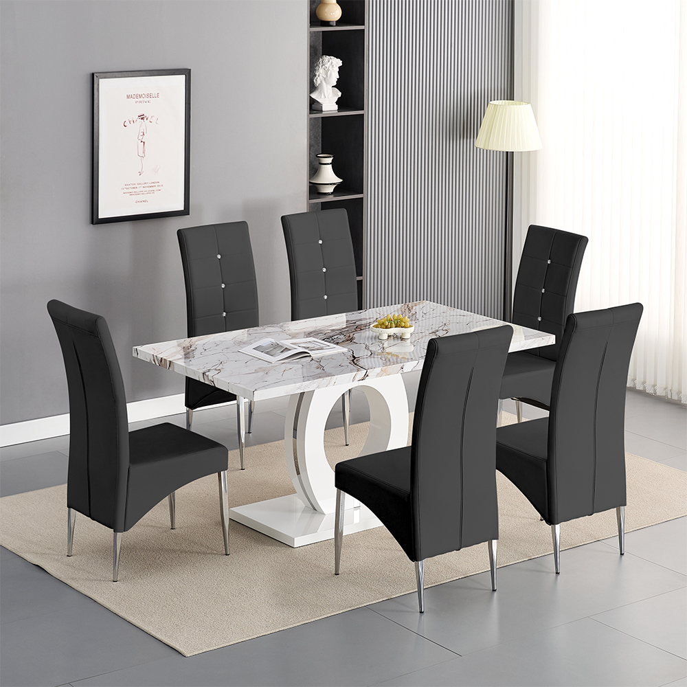 Read more about Halo milo marble effect dining table 6 vesta black chairs