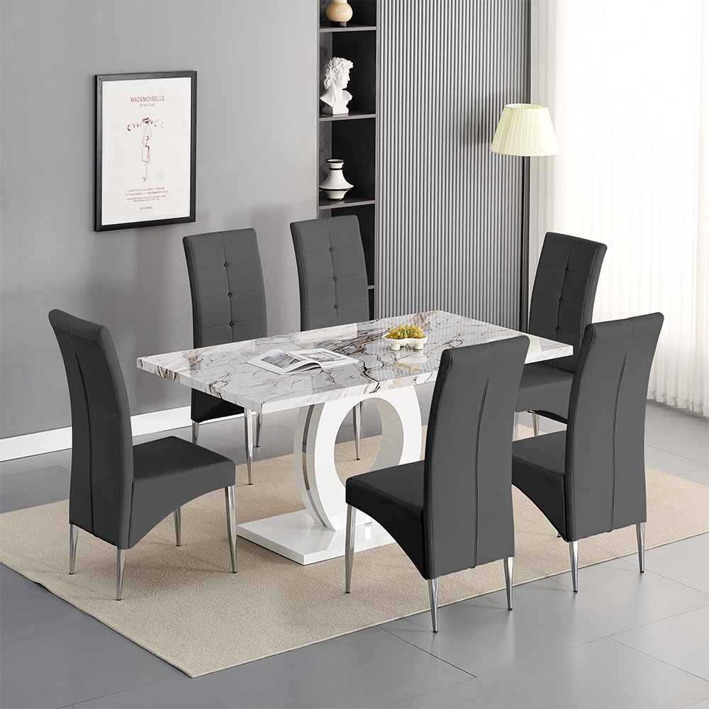 Read more about Halo milo marble effect dining table 6 vesta grey chairs