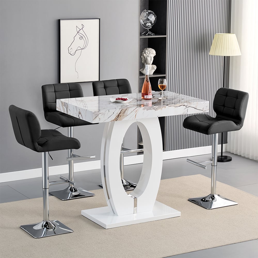 Read more about Halo milo marble effect bar table with 4 candid black stools