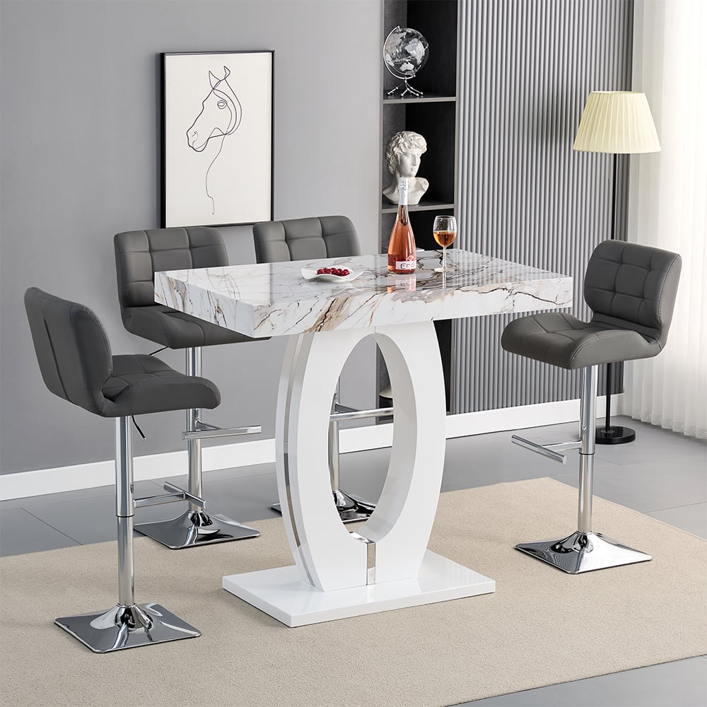 Read more about Halo milo marble effect bar table with 4 candid grey stools