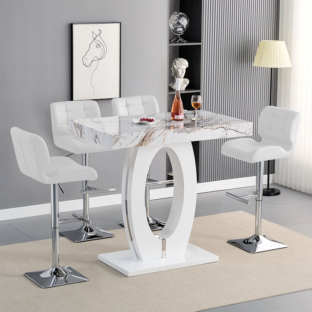 Read more about Halo milo marble effect bar table with 4 candid white stools