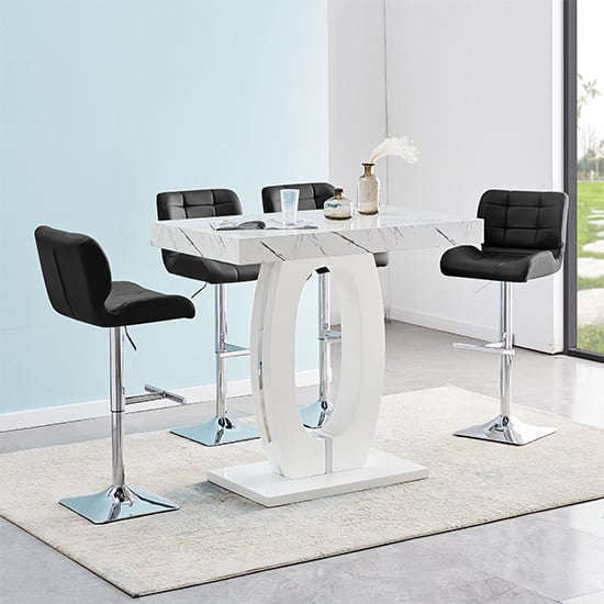 Read more about Halo vida marble effect bar table with 4 candid black stools