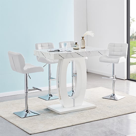 Product photograph of Halo Vida Marble Effect Bar Table With 4 Candid White Stools from Furniture in Fashion