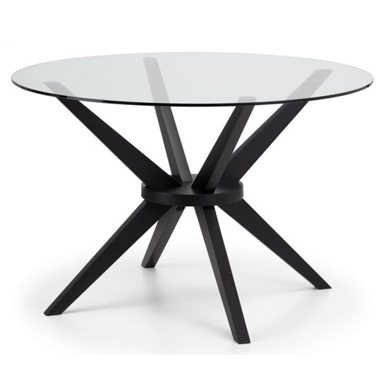 Product photograph of Halver Round Clear Glass Dining Table With Black Wooden Legs from Furniture in Fashion