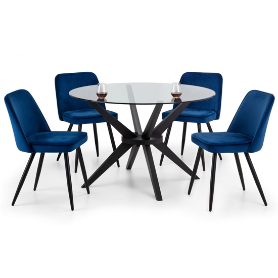Halver Round Clear Glass Dining Table With 4 Babette Blue Chairs_1