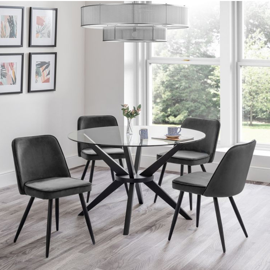 Halver Round Clear Glass Dining Table With 4 Babette Grey Chairs_1