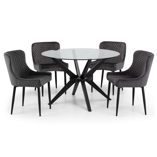 Halver Round Clear Glass Dining Table With 4 Lakia Grey Chairs_1