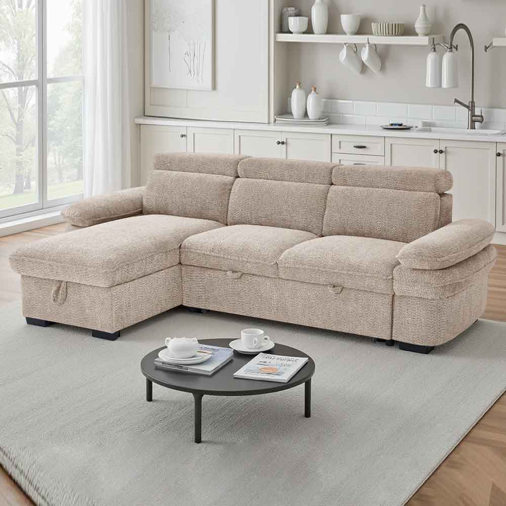 Halzen Fabric Corner SofaBed in Beige