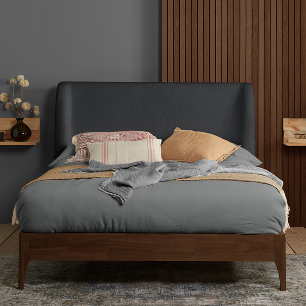 Hamel Fabric Double Bed With Wooden Frame In Grey