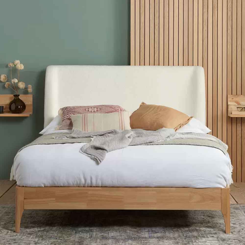Hamel Fabric Double Bed With Wooden Frame in White and Oak
