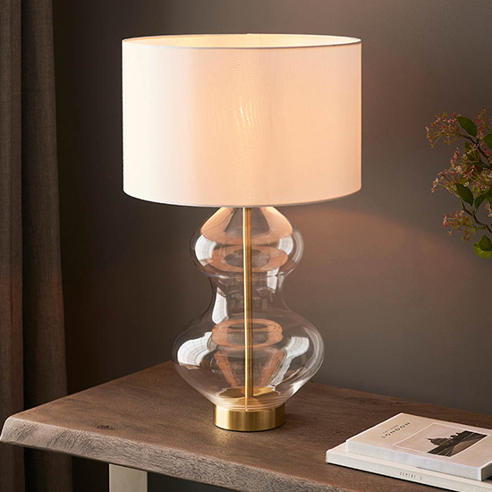 Product photograph of Hamel White Shade Touch Table Lamp With Shaped Glass Base from Furniture in Fashion