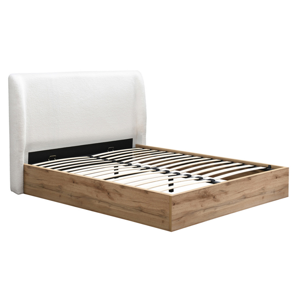 Hamel Wooden Ottoman Double Bed With Fabric Headboard In Oak