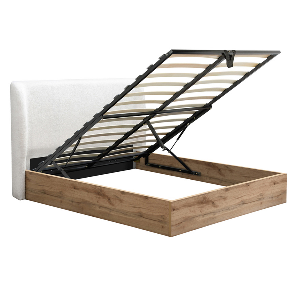 Hamel Wooden Ottoman Double Bed With Fabric Headboard In Oak