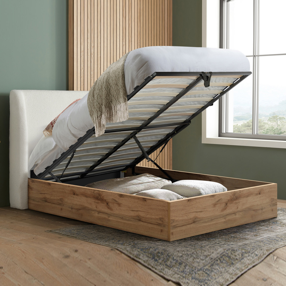 Hamel Wooden Ottoman King Size Bed With Fabric Headboard In Oak