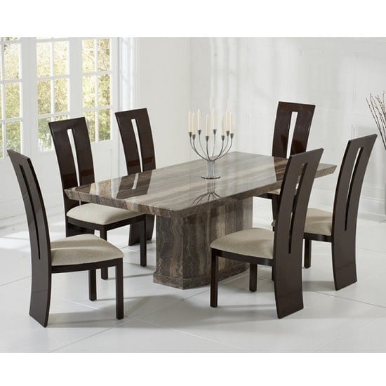 Hamlet Marble Dining Table In Brown And 8 Ophelia Cream Chairs