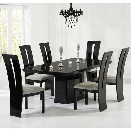 View Hamlet marble dining table in black and 8 ophelia grey chairs