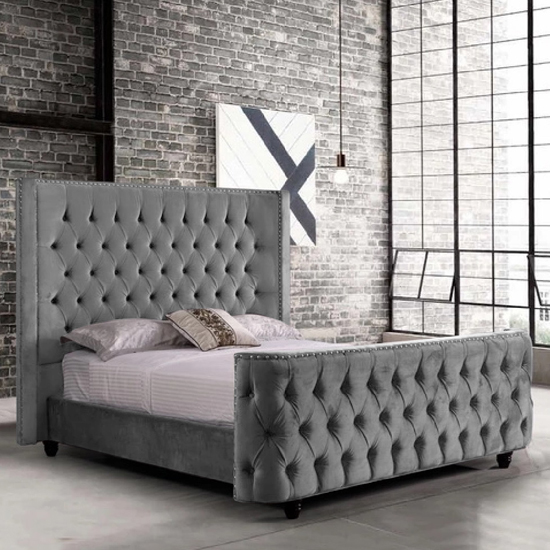 Hammond Plush Velvet Double Bed In Grey