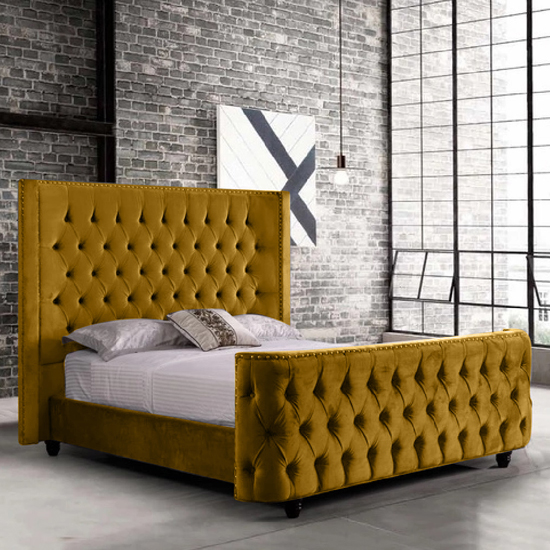 Hammond Plush Velvet Double Bed In Mustard