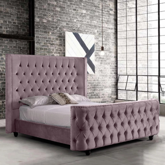 Hammond Plush Velvet Double Bed In Pink