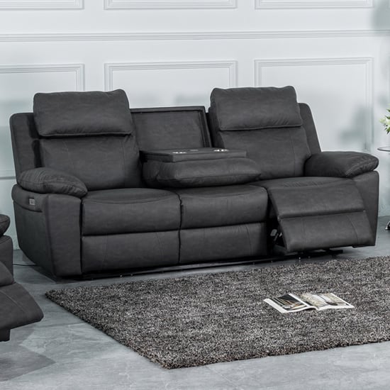 Hanford Electric Fabric Recliner 3 Seater Sofa In Dark Grey