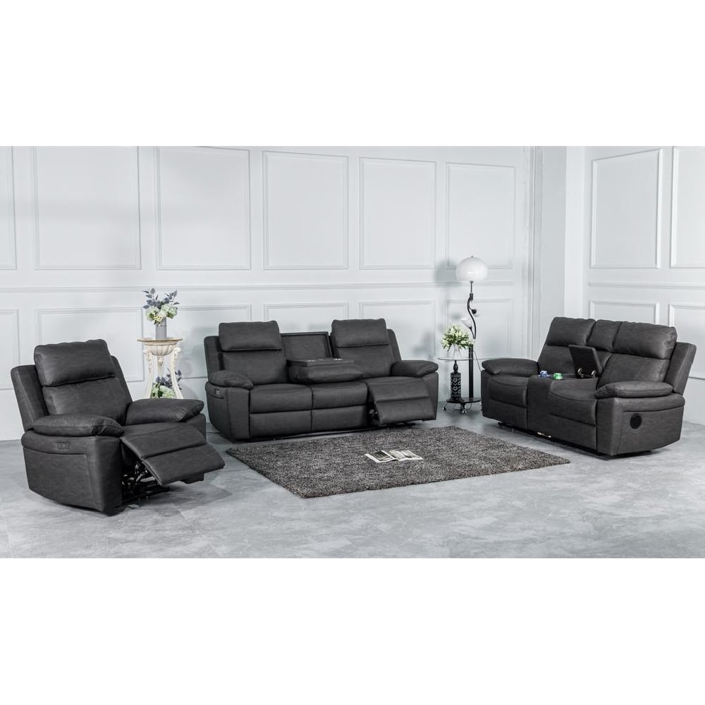 Hanford Fabric Electric Recliner Sofa Suite In Dark Grey