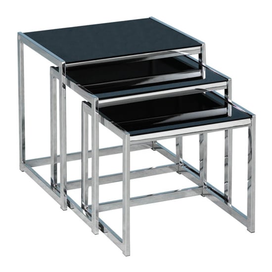 Hykkon Black Glass Nest Of Tables With Chrome Metal Frame Furniture in Fashion