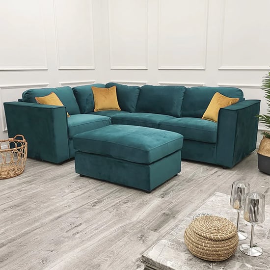 Photo of Hanley velvet 4 piece corner modular sofa in teal green