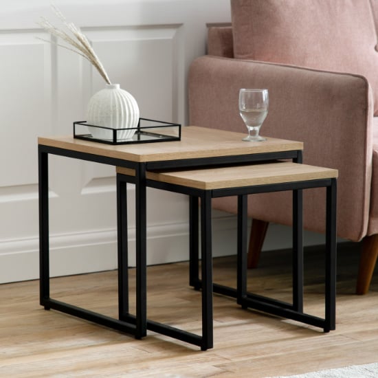 Read more about Hickory wooden nesting side tables with black frame in natural