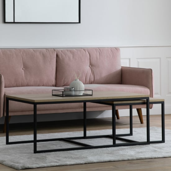 Read more about Hickory wooden nesting coffee tables with black frame in natural