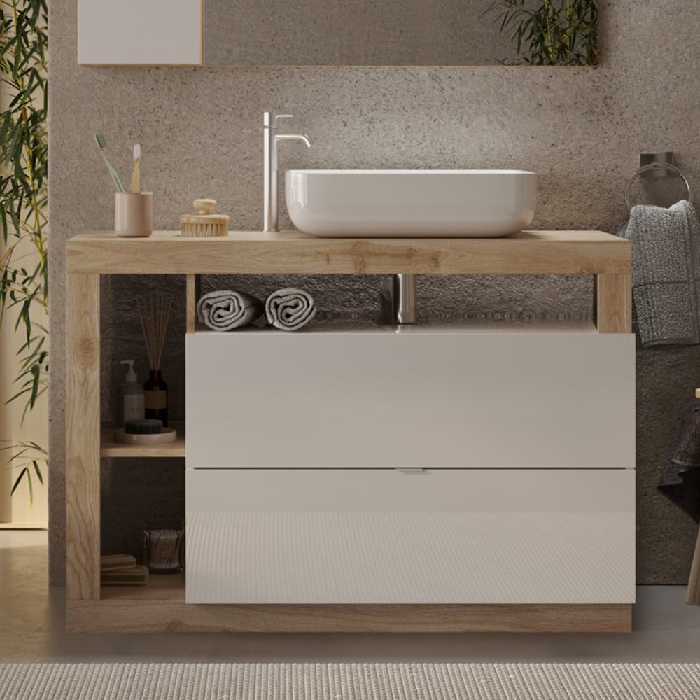 Hanmer 110cm White Gloss Floor Standing Vanity Unit In Cadiz Oak