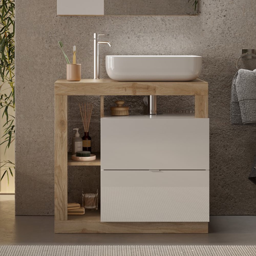 Hanmer 78cm White Gloss Floor Standing Vanity Unit In Cadiz Oak
